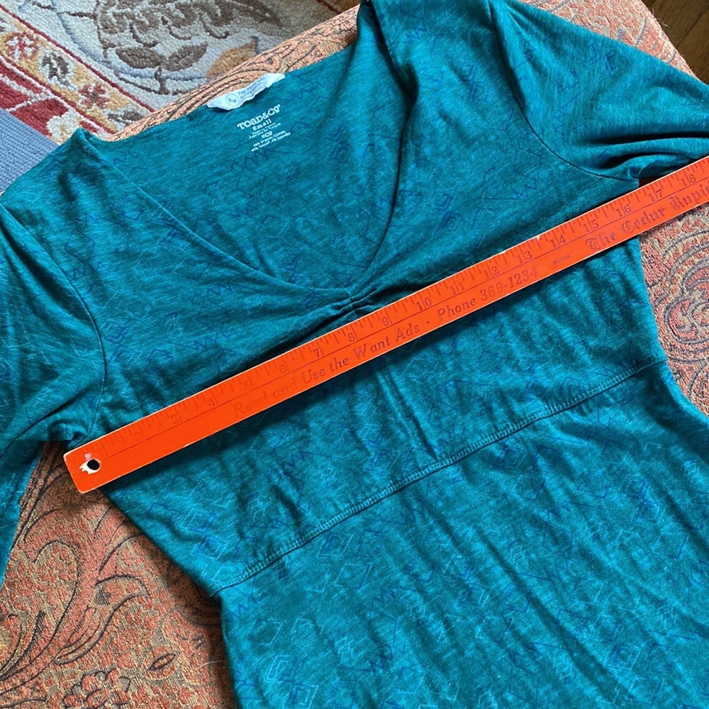 Toad&Co Rosemarie Rosalinda 3/4 sleeve organic dress teal green geo tribal Small - Picture 6 of 8